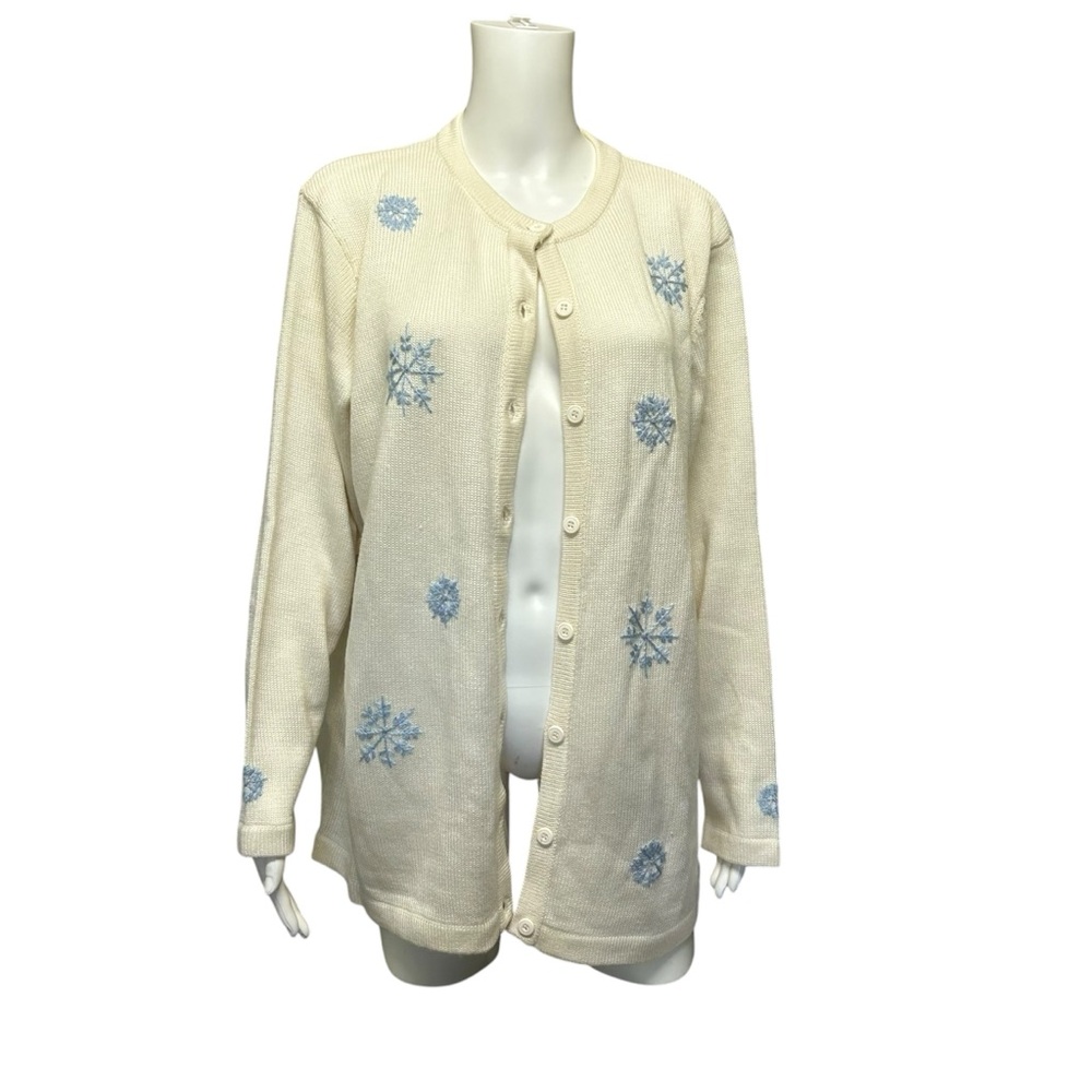 Vintage Penmans Embroidered Snowflake Cardigan Off White Blue Plus Size 1X